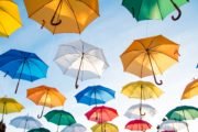 Assorted-color Straight Umbrella Hanging on Black Wire